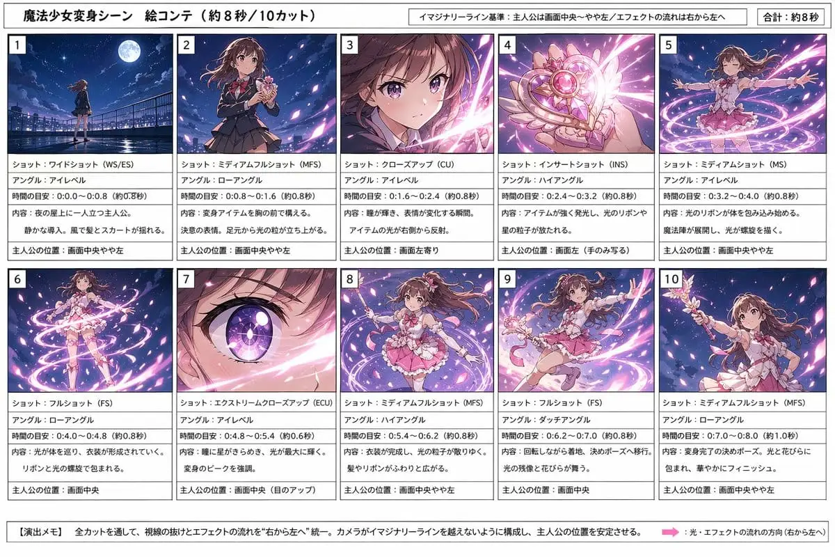 魔法少女变身分镜脚本 | 8秒10镜头动画设计