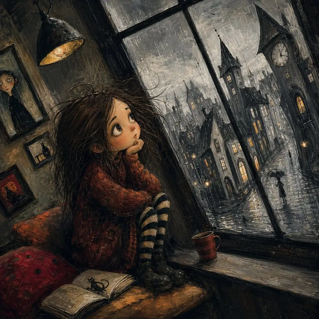 雨窗哥特女孩:暗黑童话厚涂插画
