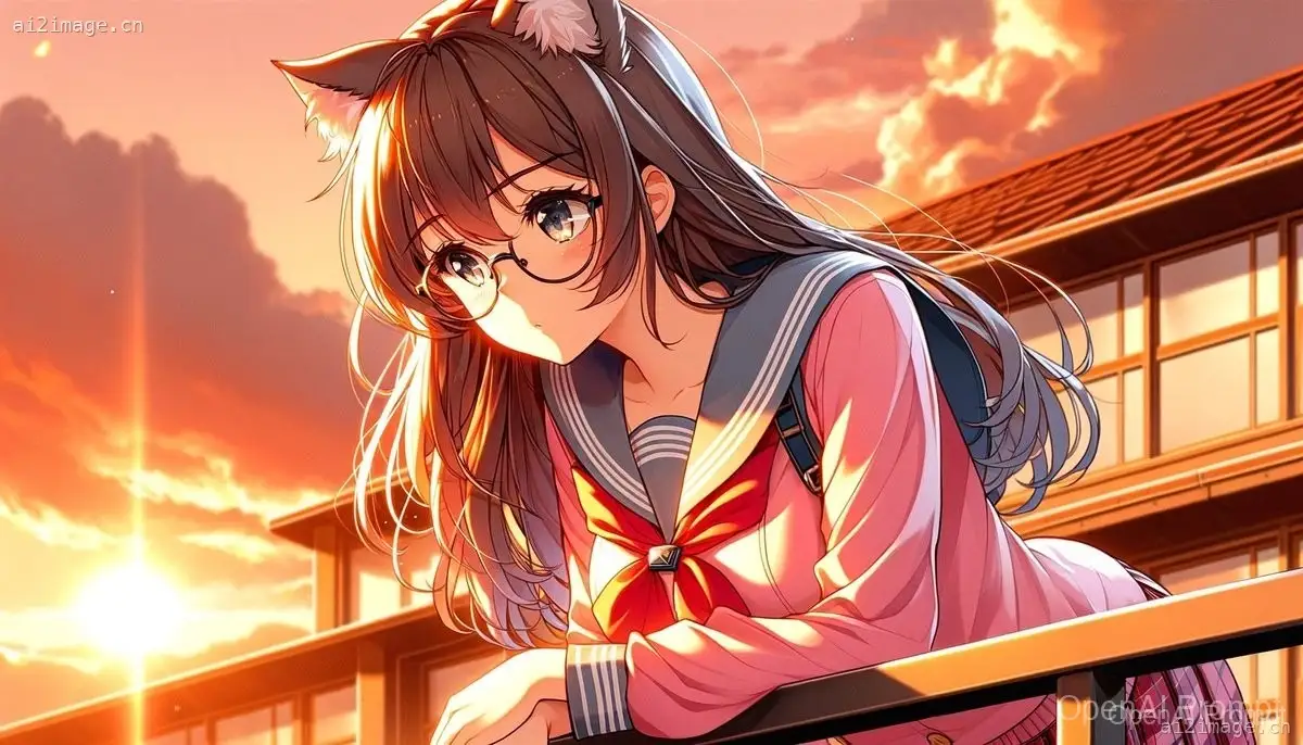 日落时分校园天台的猫耳少女动漫插画