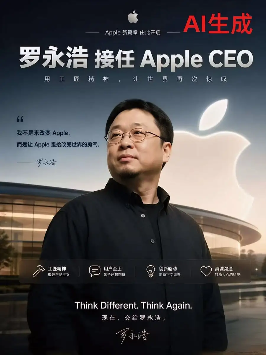 罗永浩接任Apple CEO：AI生成科技公告海报