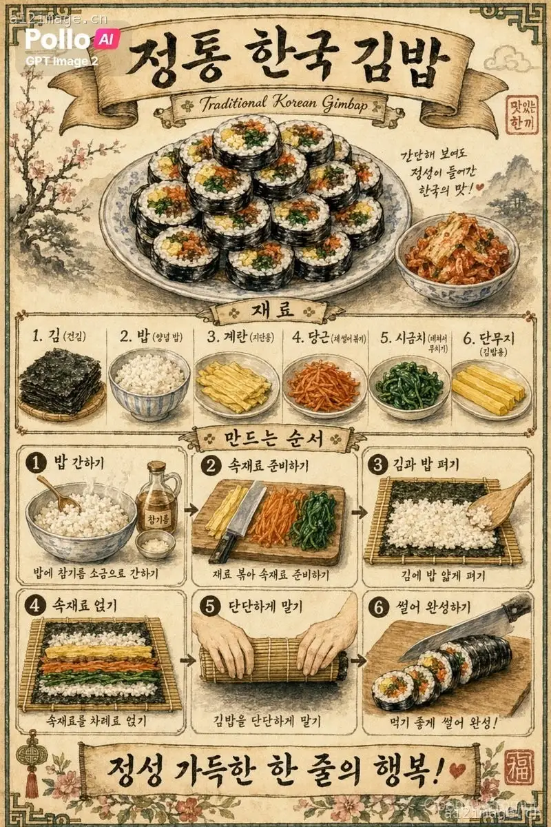 复古风韩式紫菜包饭食谱海报