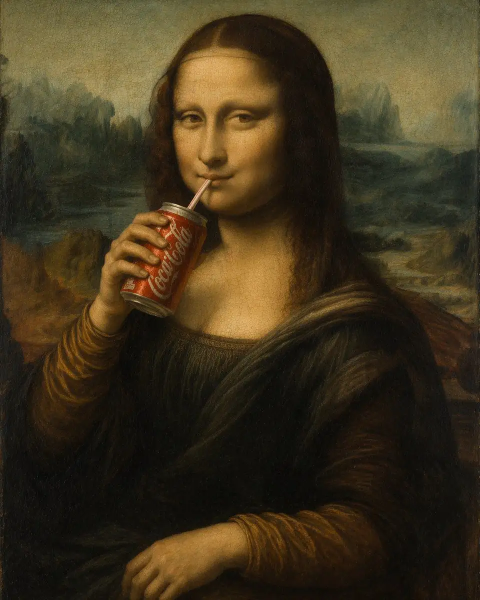 蒙娜丽莎畅饮可乐的趣味油画