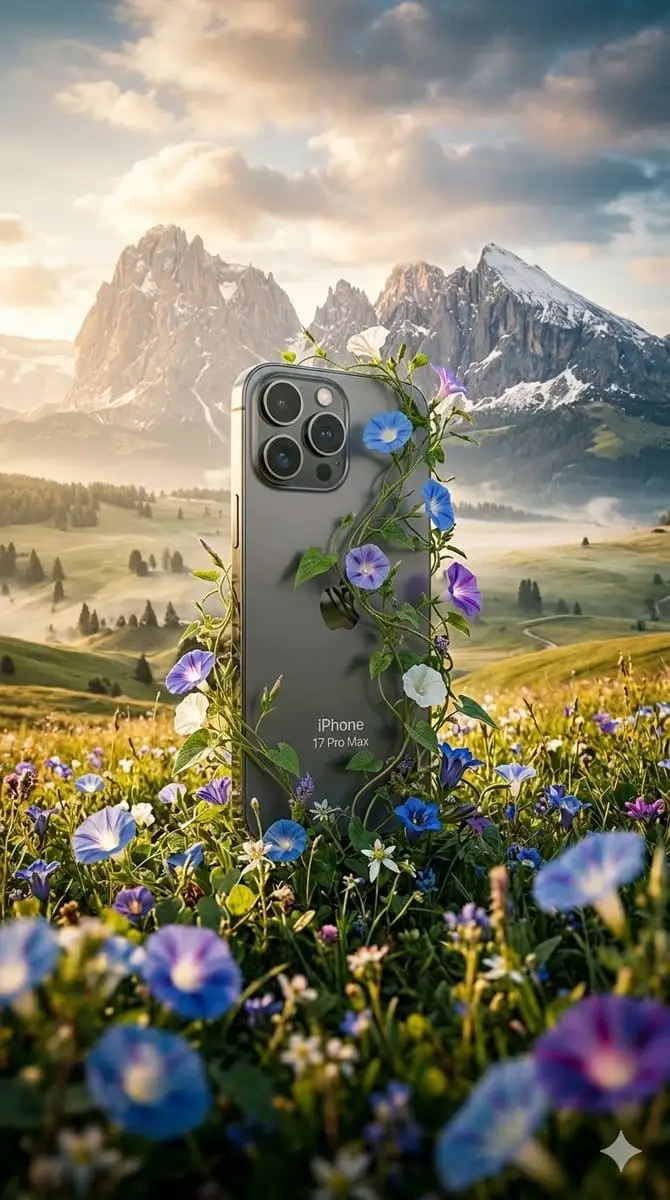 iPhone Air高山草甸超写实海报 - 自然与科技融合