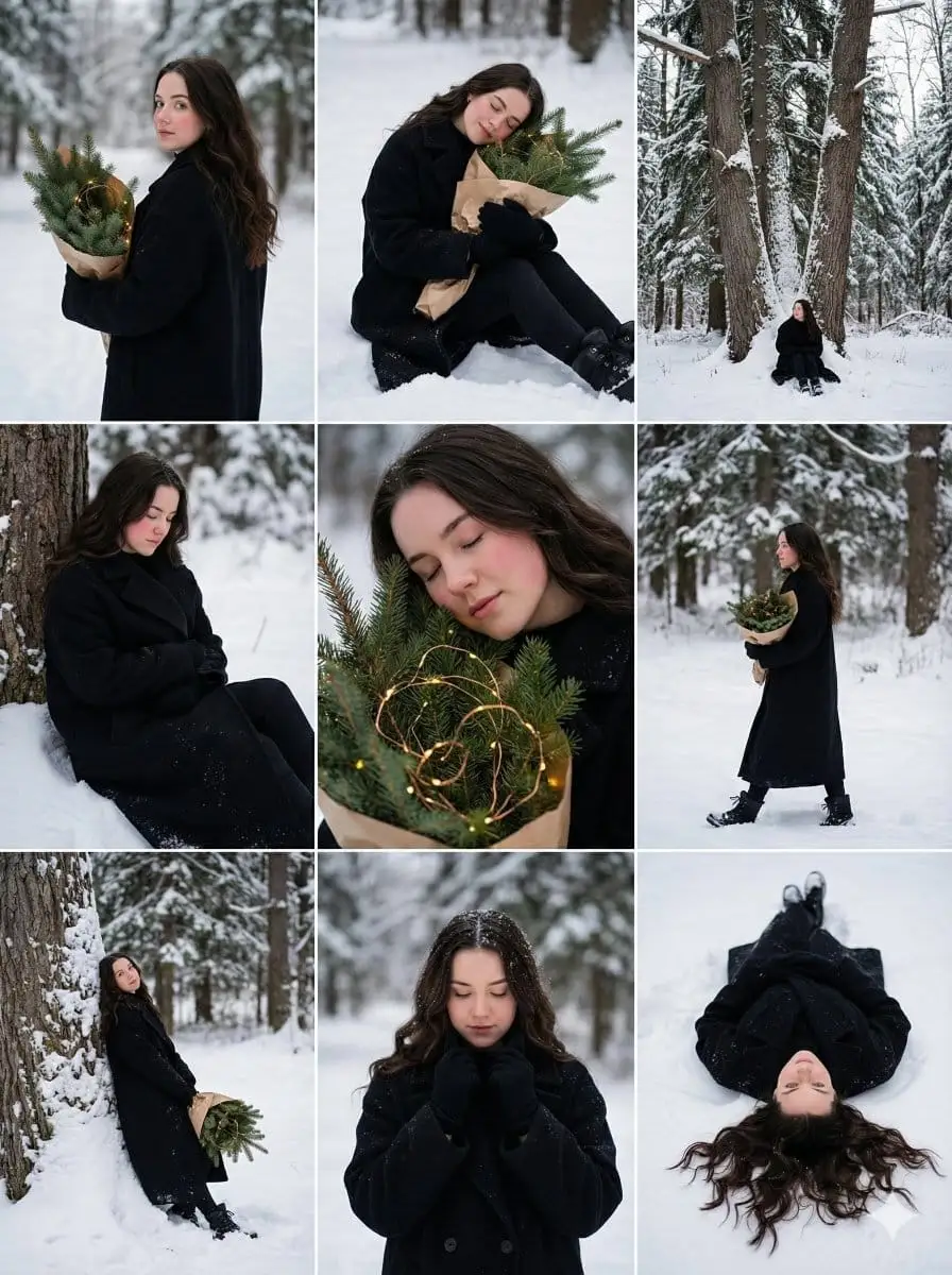 冬日森林电影感:黑衣少女的静谧雪景叙事