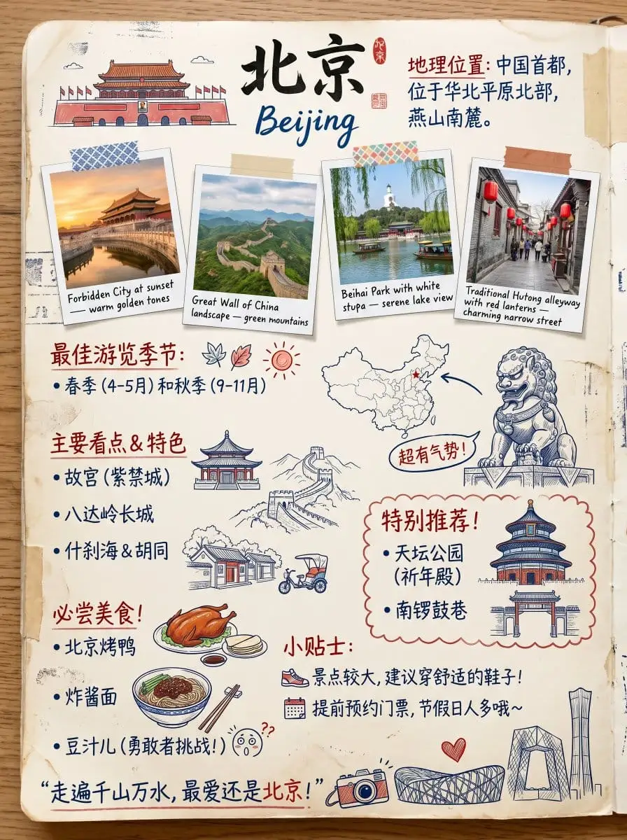 复古手绘北京旅行剪贴簿海报设计