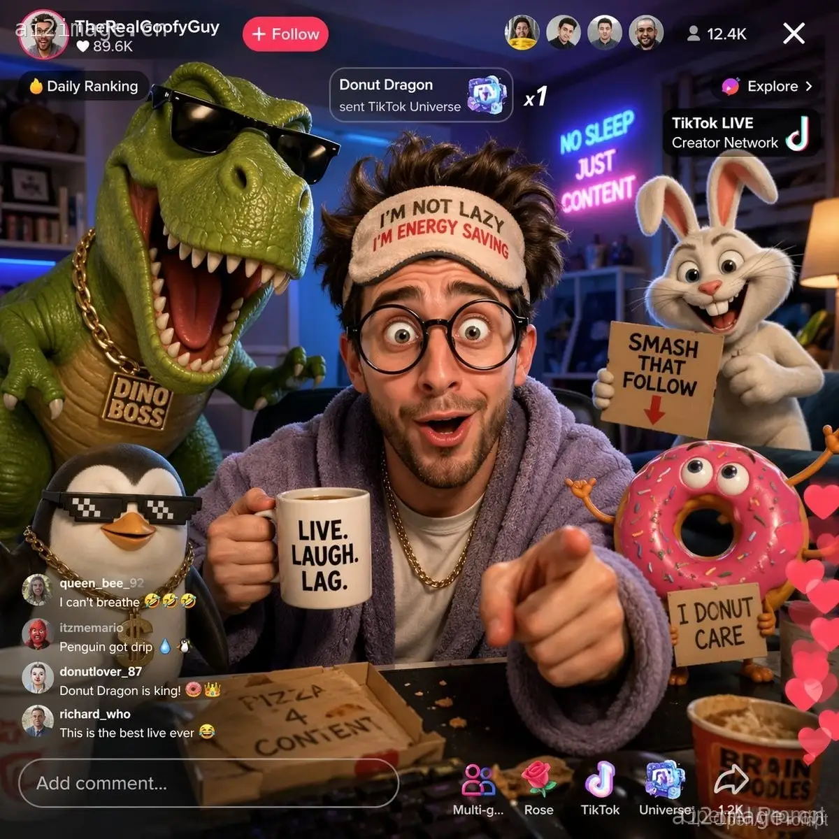 有趣的 TikTok 直播,配有卡通角色