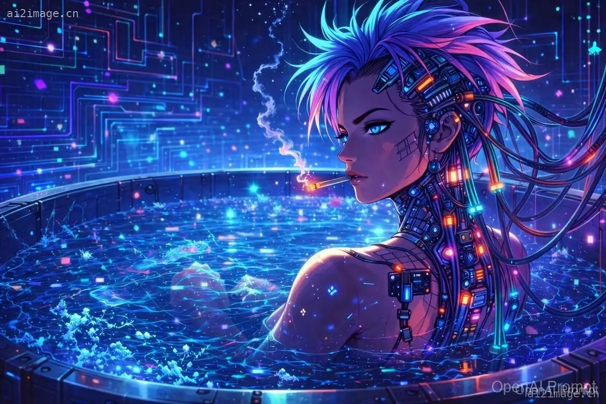 赛博朋克动漫风格角色:霓虹浴缸