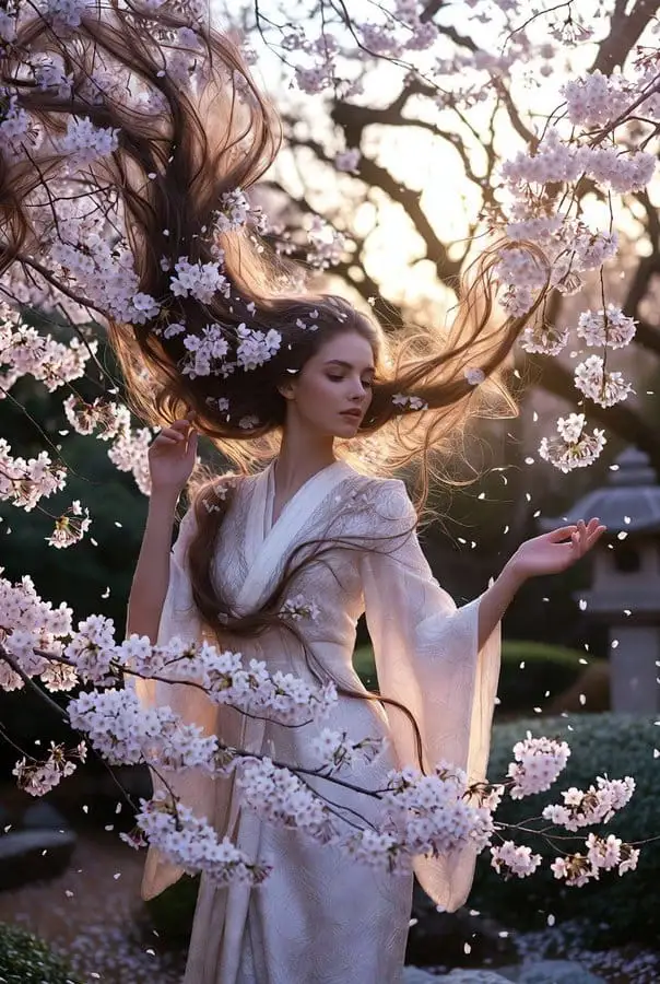 梦幻樱花和服美人:高级时装与自然融合的唯美肖像