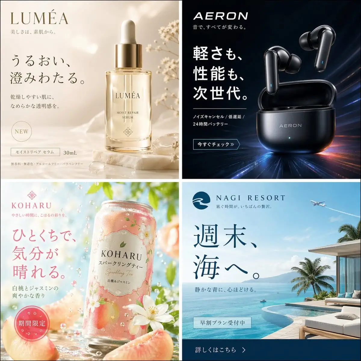 日式高端商业广告视觉拼贴:四格品牌大片生成
