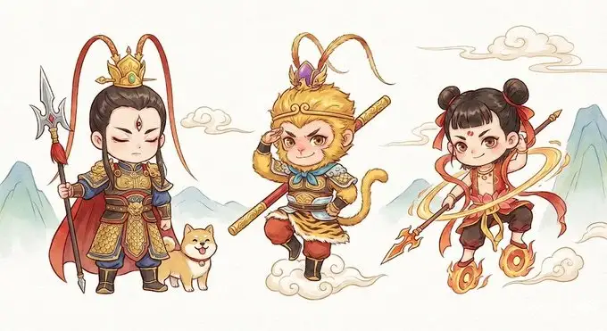 中国神话角色Q版组合插画