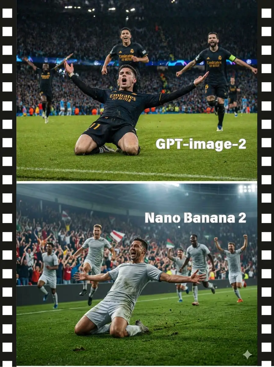 GPT-image-2 vs Nano Banana 2:足球进球庆祝海报对比