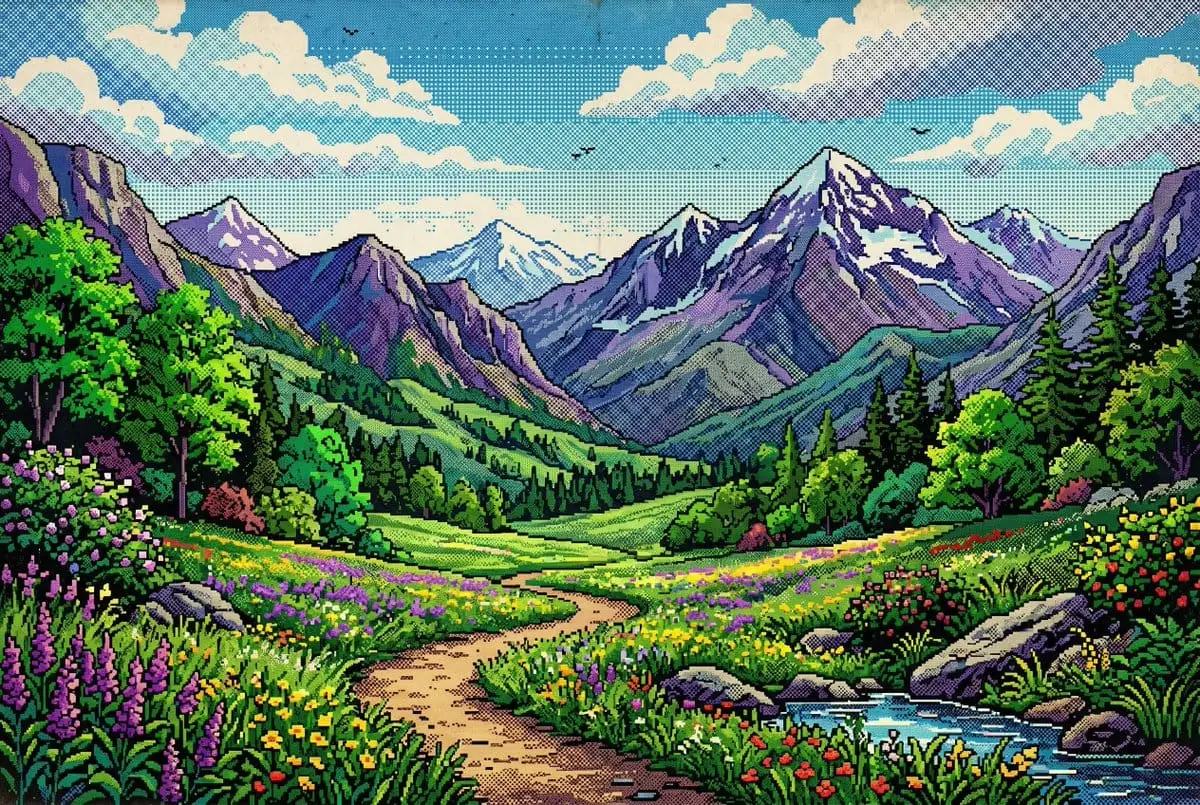 复古像素艺术：明亮高山山谷风景