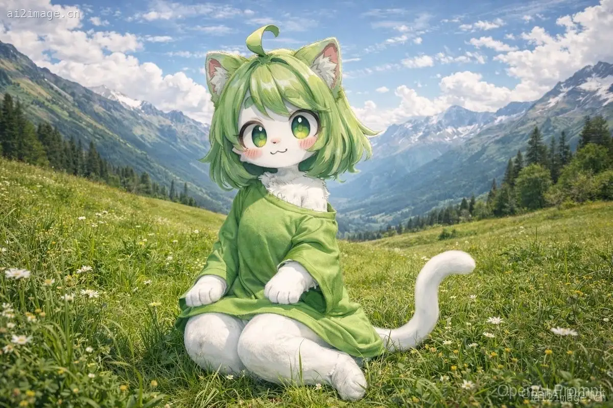 阿尔卑斯草甸中的写实风动漫猫娘