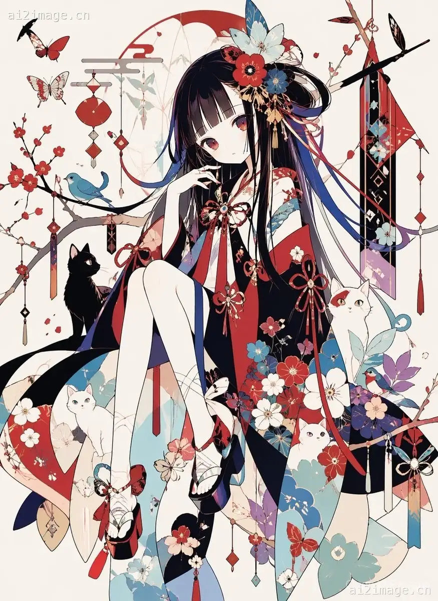 和风装饰感和服少女与猫