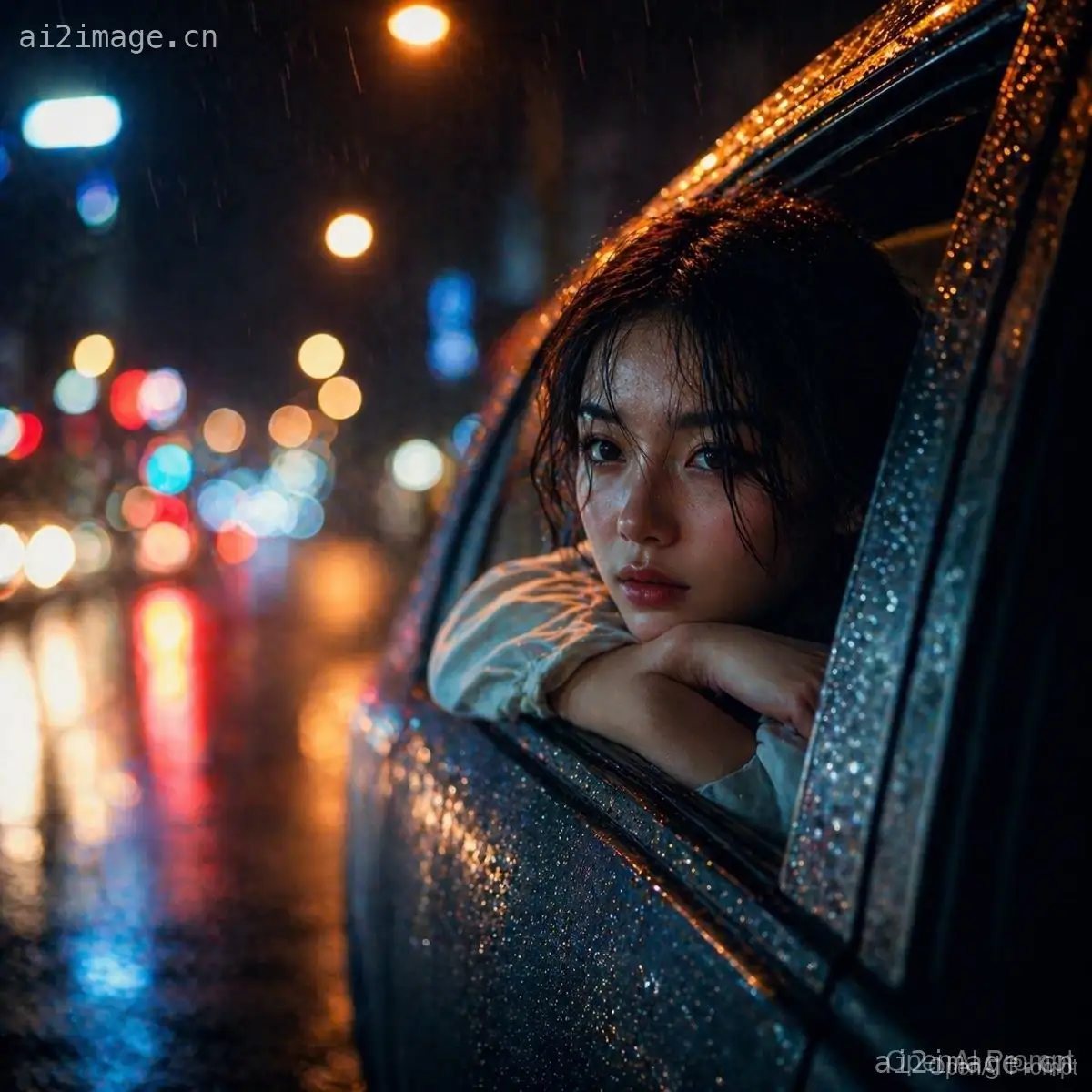 雨夜中倚靠在车窗旁的女子