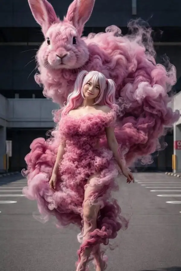梦幻烟雾粉裙少女与巨兔