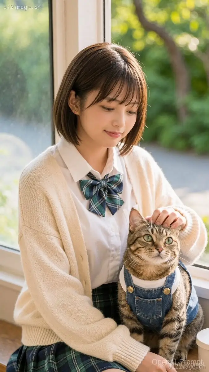阳光窗边的女学生与猫