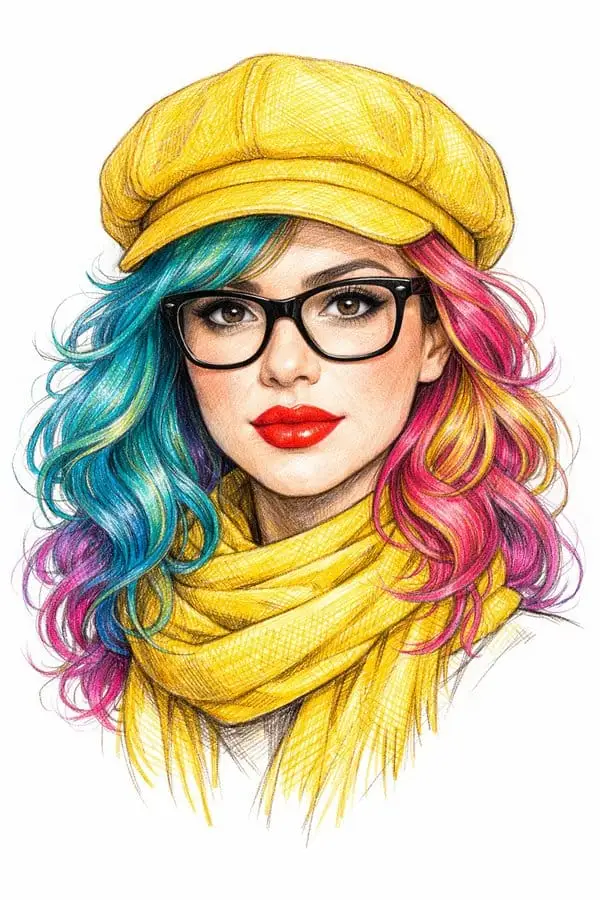 彩铅纹理时尚插画:红唇少女数字艺术创作