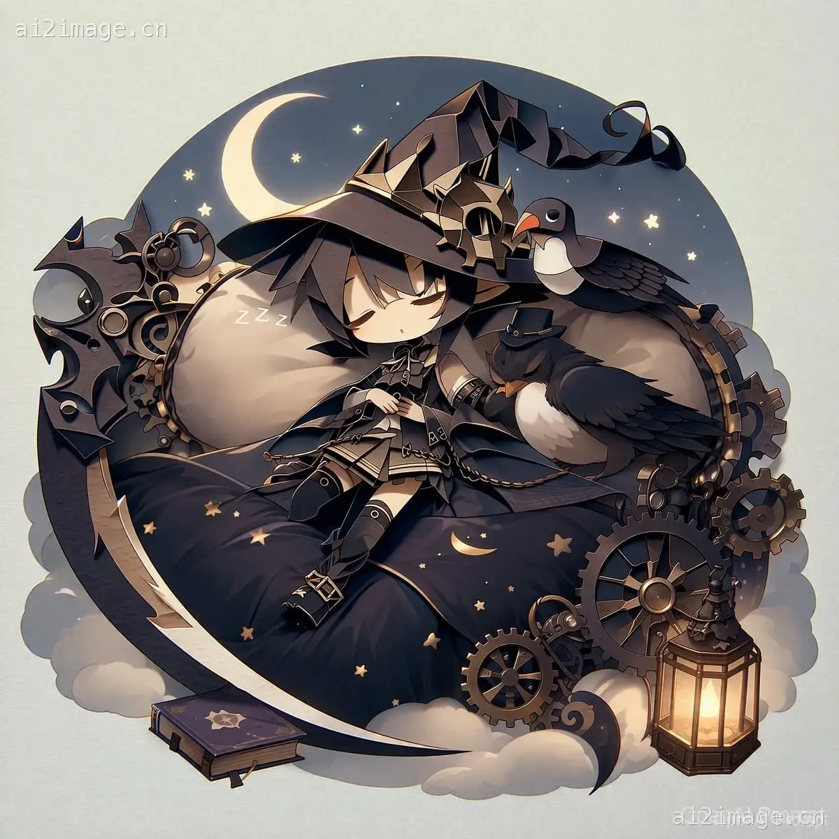 蒸汽朋克 Q 版女巫贴纸插画