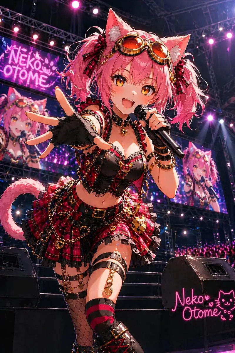 猫娘偶像燃炸舞台!演唱会级动漫插画提示词