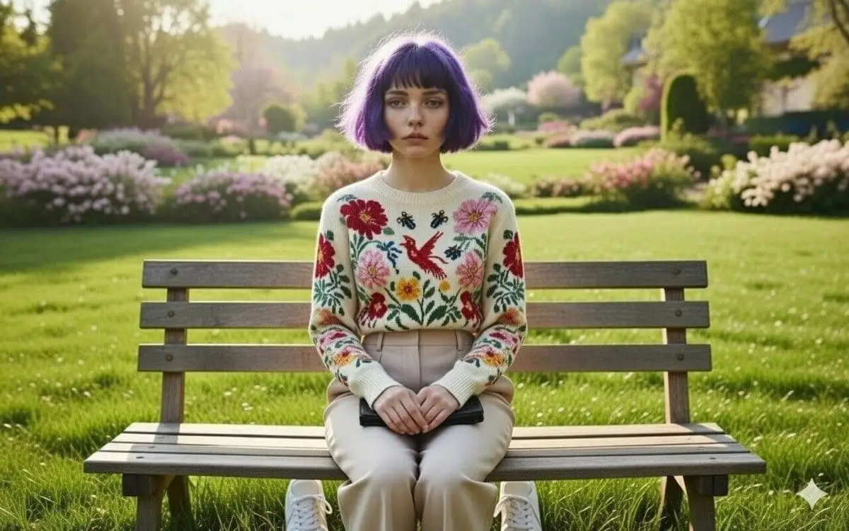 Wareen:宁静花园中的紫发艺术少女