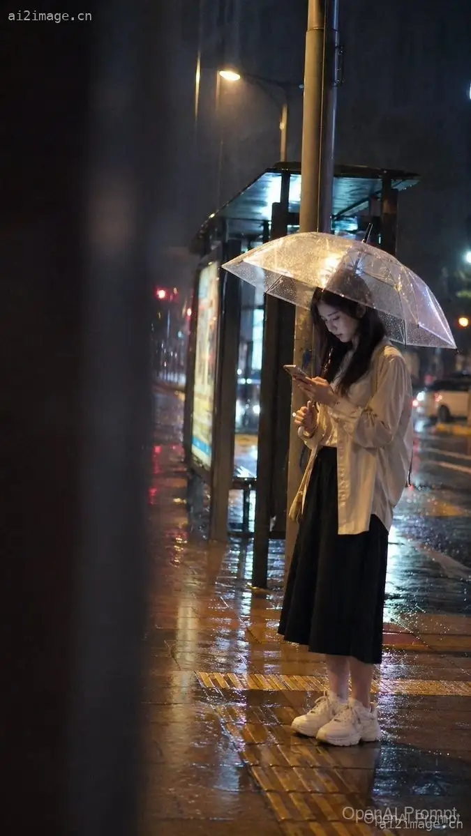 电影感雨夜公交车站提示词