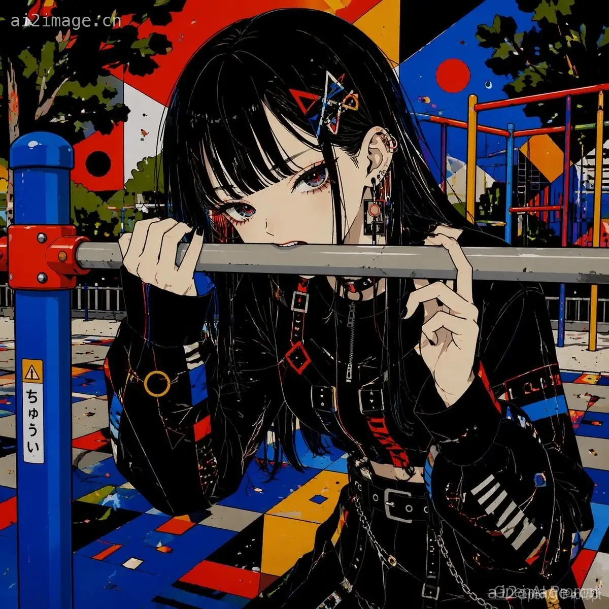 游乐场栏杆旁的哥特风动漫少女