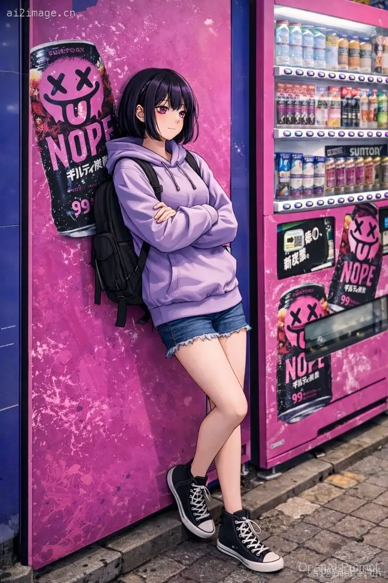 靠在自动贩卖机旁的动漫少女