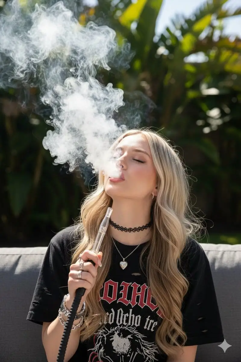 铂金发色美女的慵懒水烟时光:阳光下的缭绕烟雾