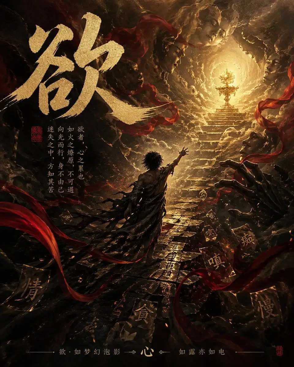 暗黑风中国神话“欲”主题海报提示词