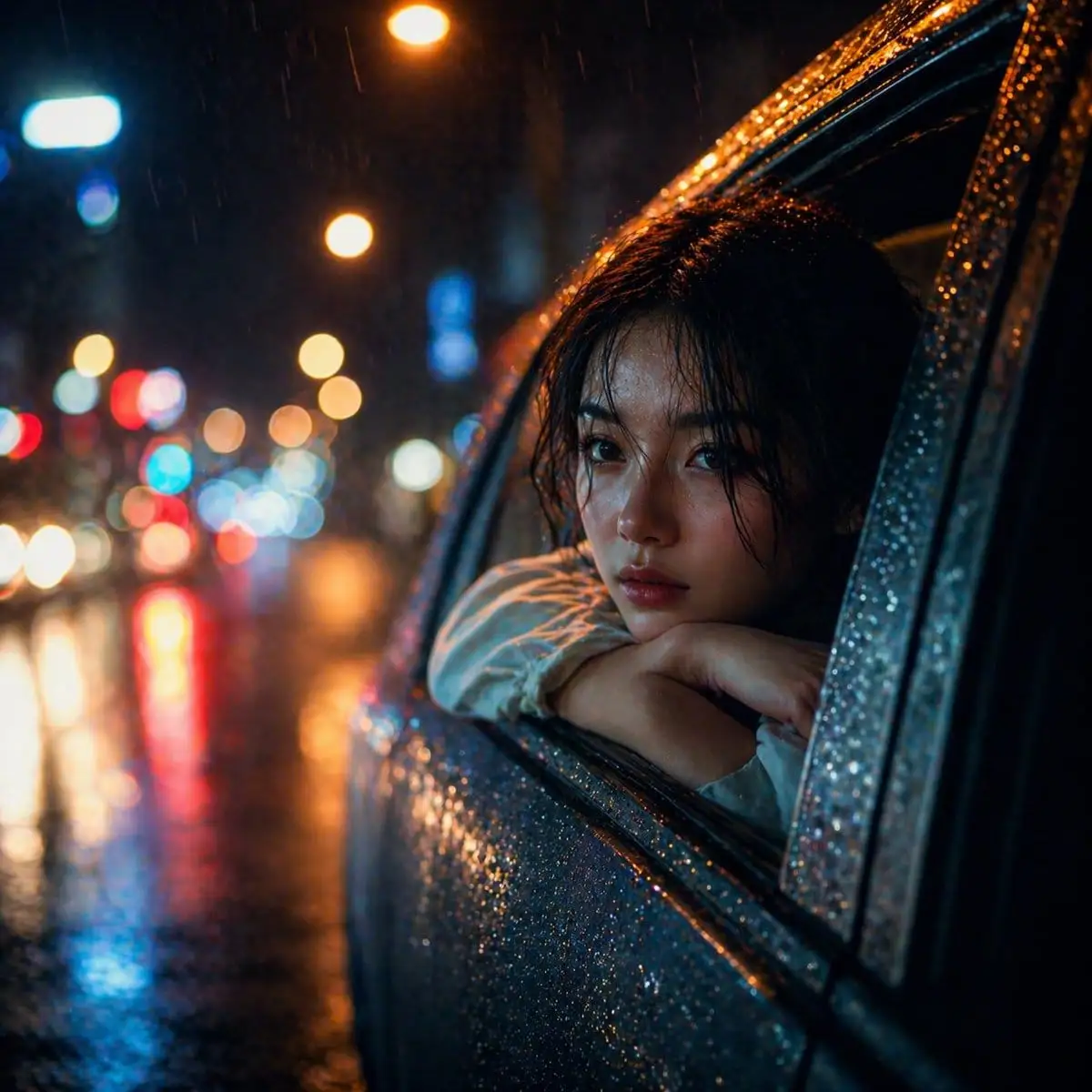 雨夜车窗旁忧郁女子·电影感人像摄影提示词