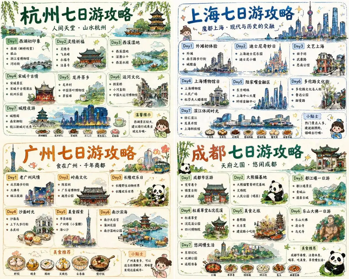四城中国旅行指南海报套装 | 手绘旅行日志