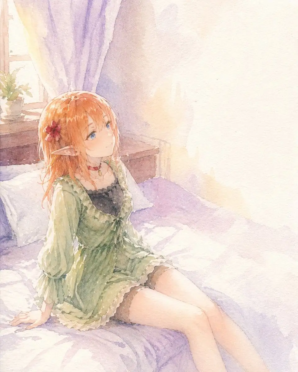 阳光卧室水彩精灵少女:梦幻手绘插画提示词
