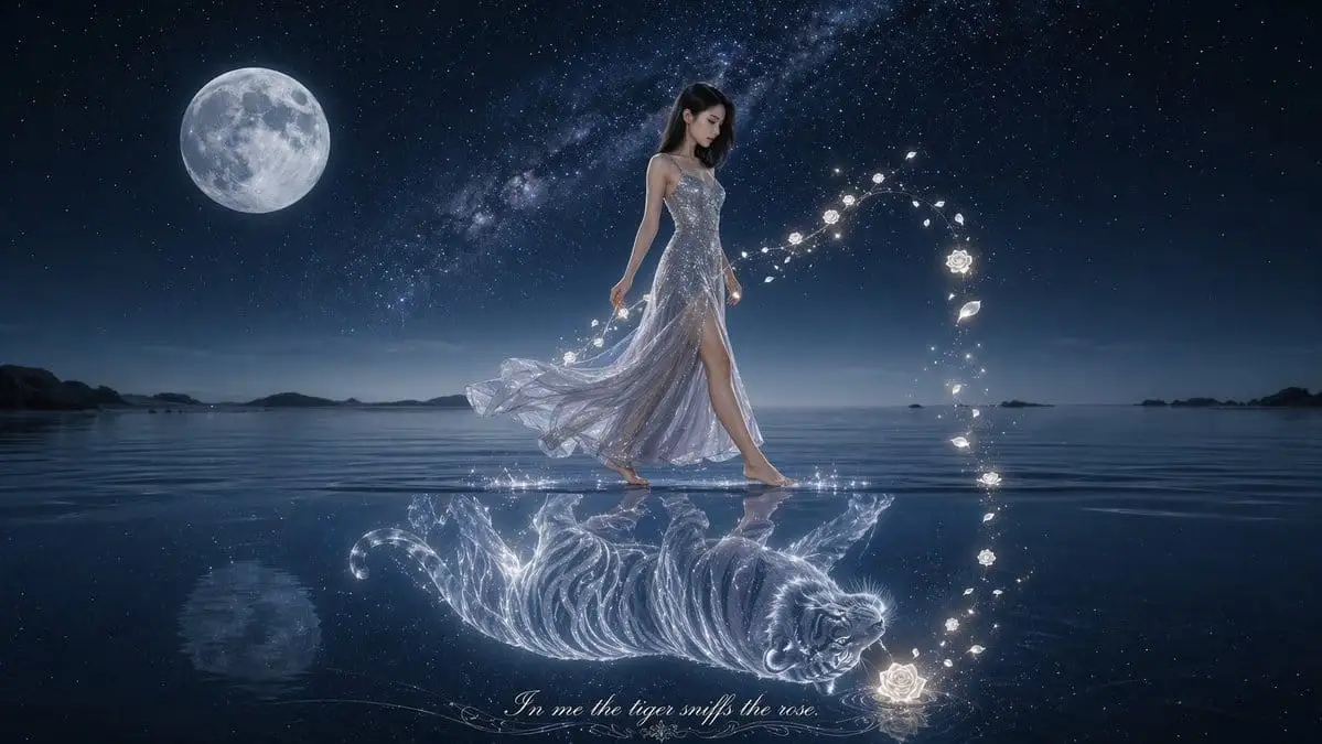月光下的女子与虎影:奇幻夜景AI绘画提示词