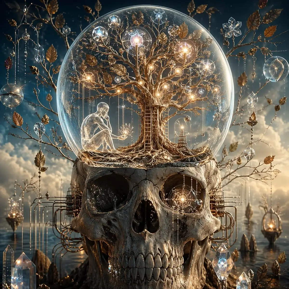 超现实头骨与意识之树:奇幻插画提示词