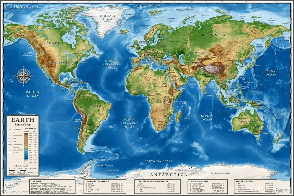 带有信息面板的详细物理世界地图