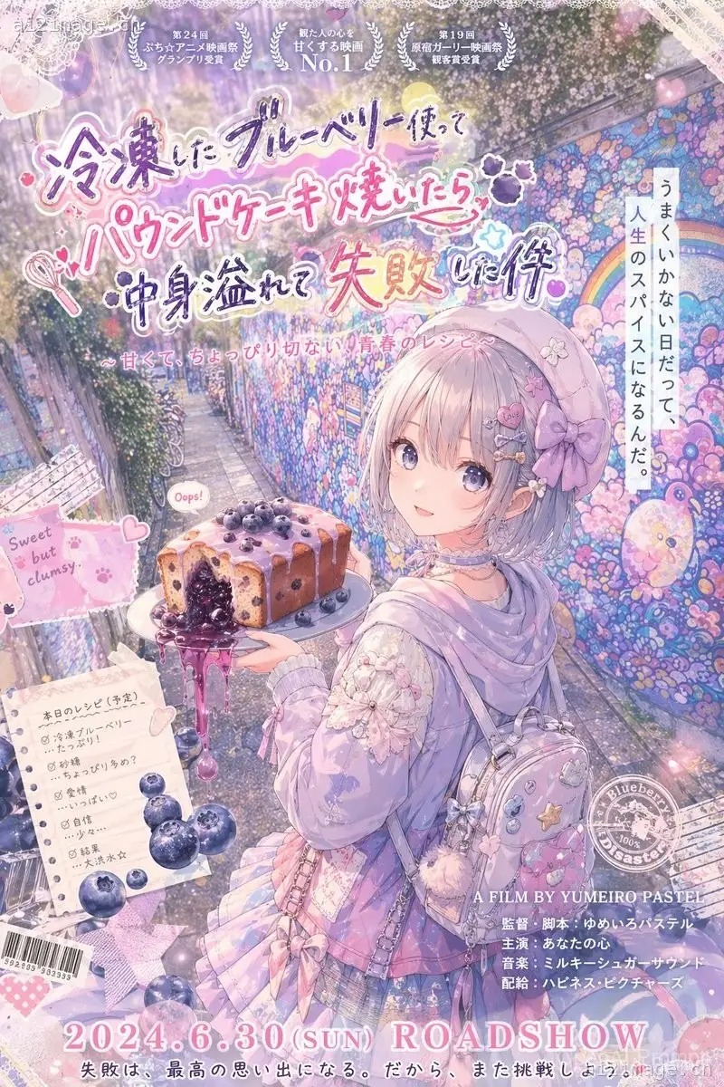 柔和动漫风蓝莓蛋糕电影海报