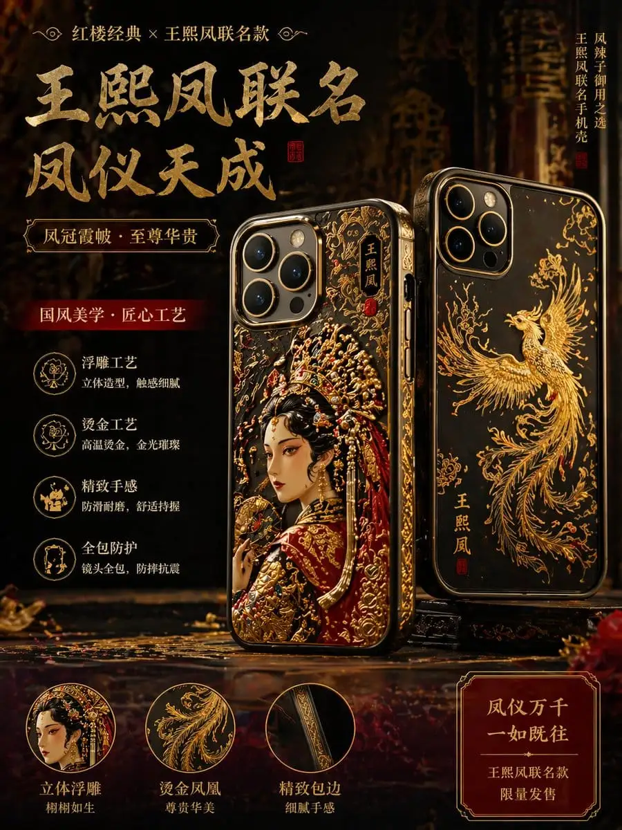古典文学手机壳设计 | 金丝浮雕凤纹AI提示词