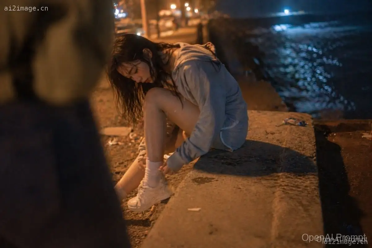 电影感夜间海滨抓拍人像
