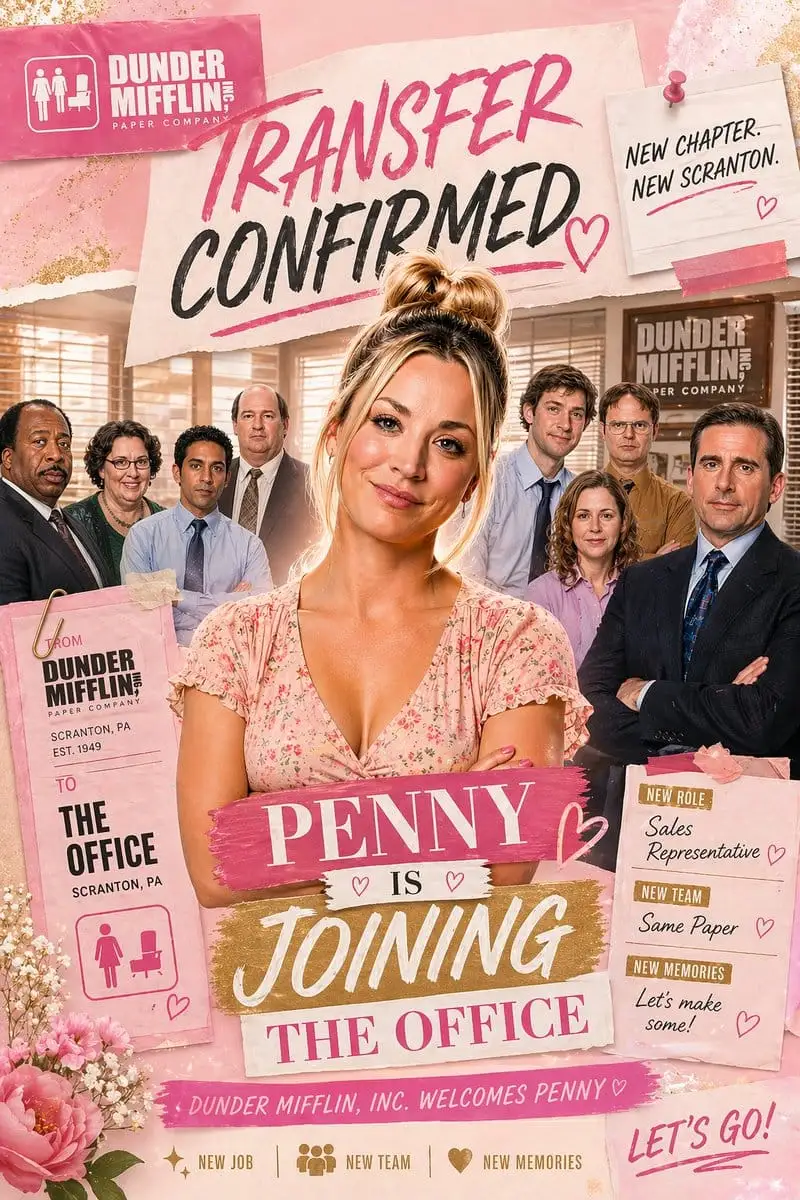 粉色办公室调动公告海报 · Dunder Mifflin 风格拼贴