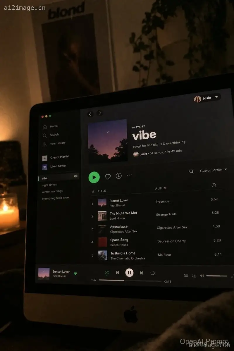 夜间 Spotify 播放列表屏幕