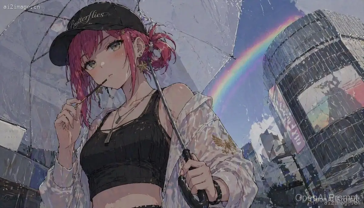 撑伞彩虹下的动漫少女