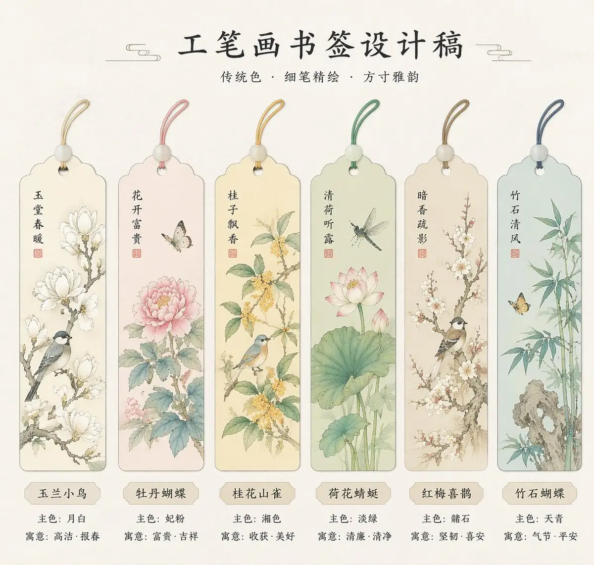 绝美国风工笔画书签设计