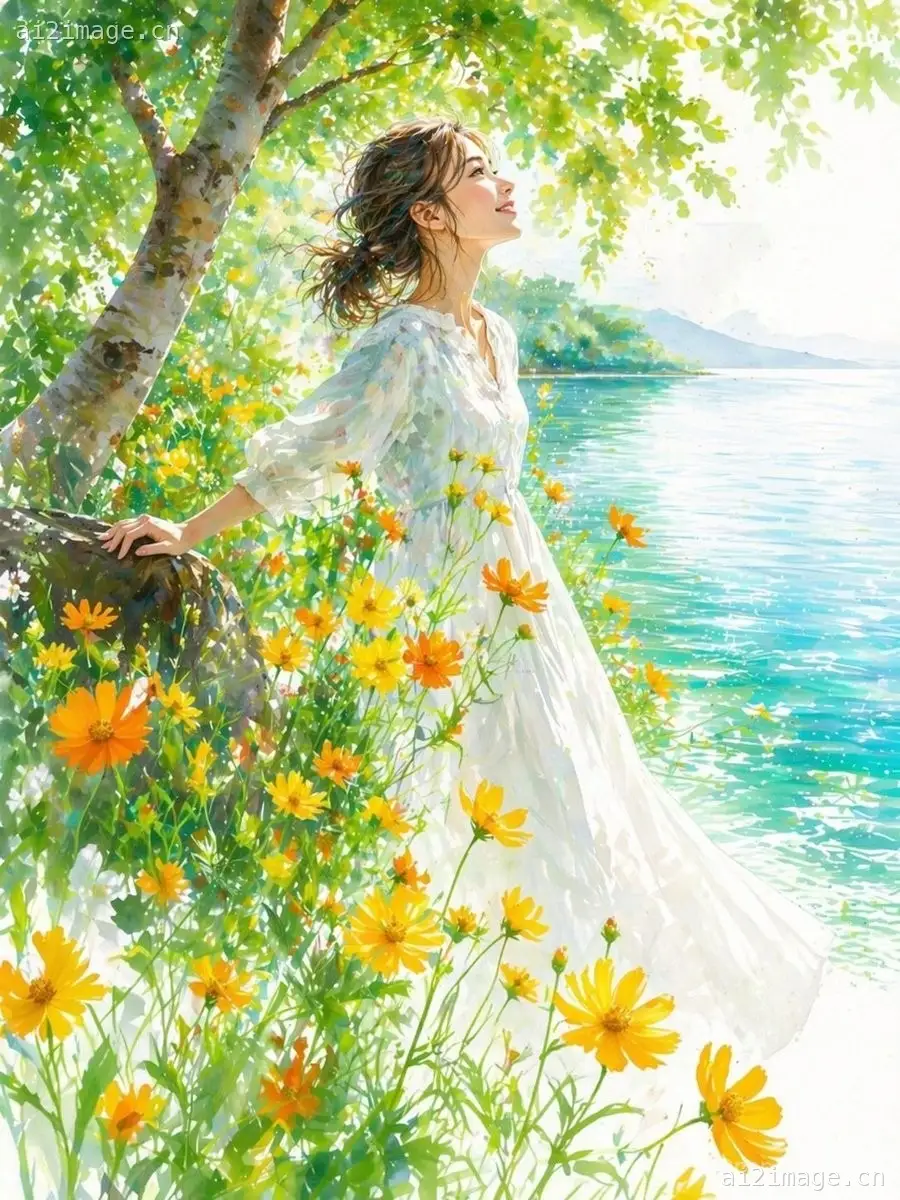 夏日湖畔的印象派女性
