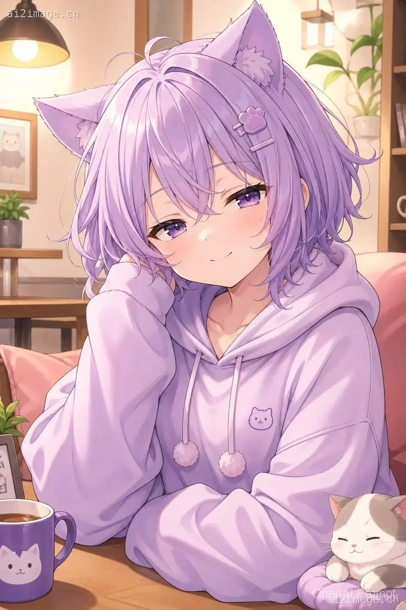 温馨淡紫色猫娘肖像