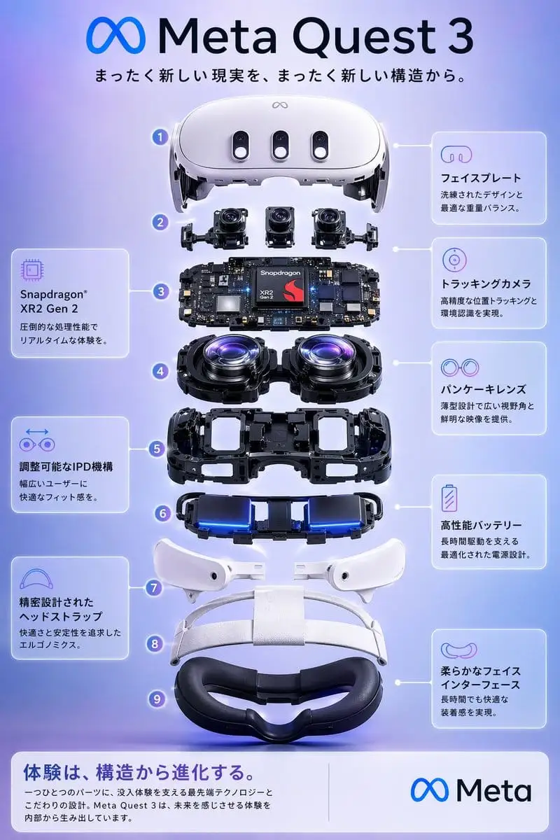 Meta Quest 3 爆炸视图海报 | 日式科技信息图