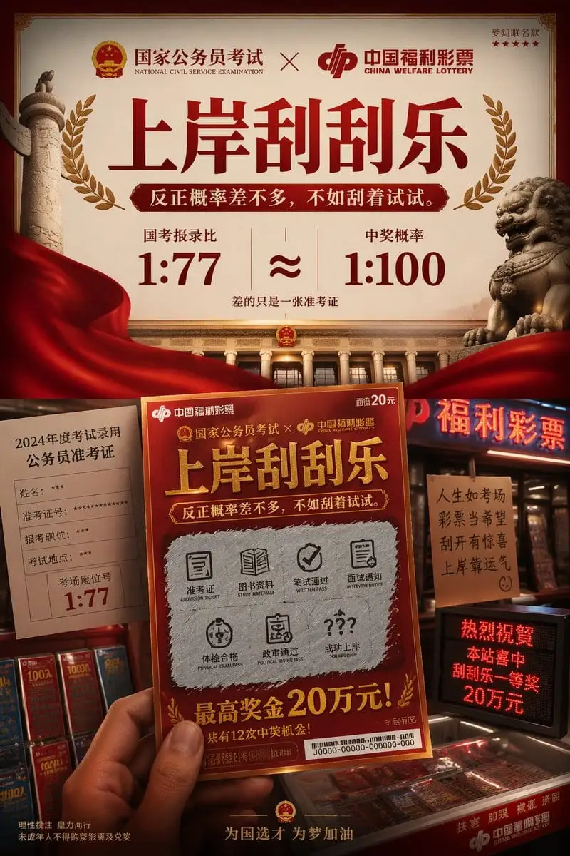 国考×福彩联名海报:上岸刮刮乐讽刺视觉