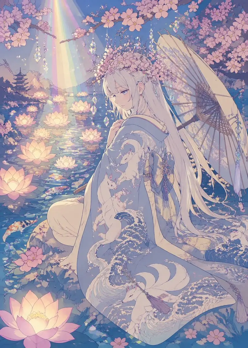 梦幻莲花池畔的和服少女 | 粉彩动漫插画Prompt