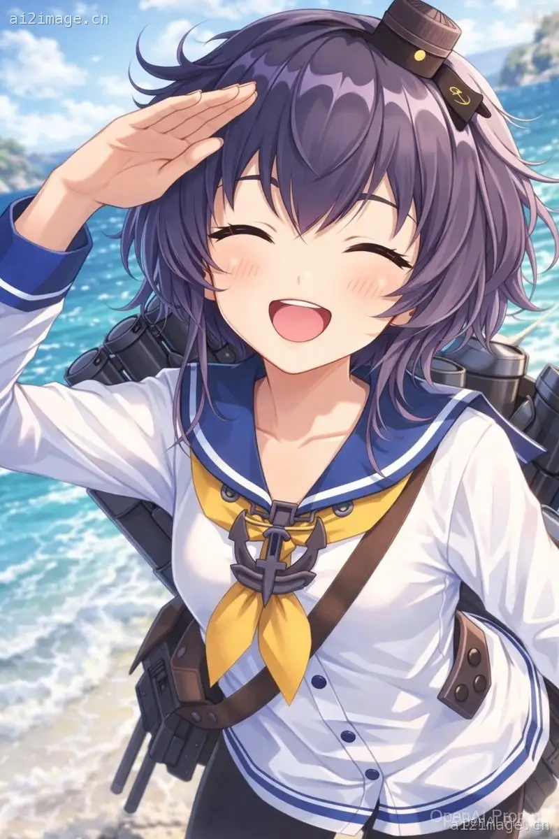 海滩上敬礼的动漫舰娘