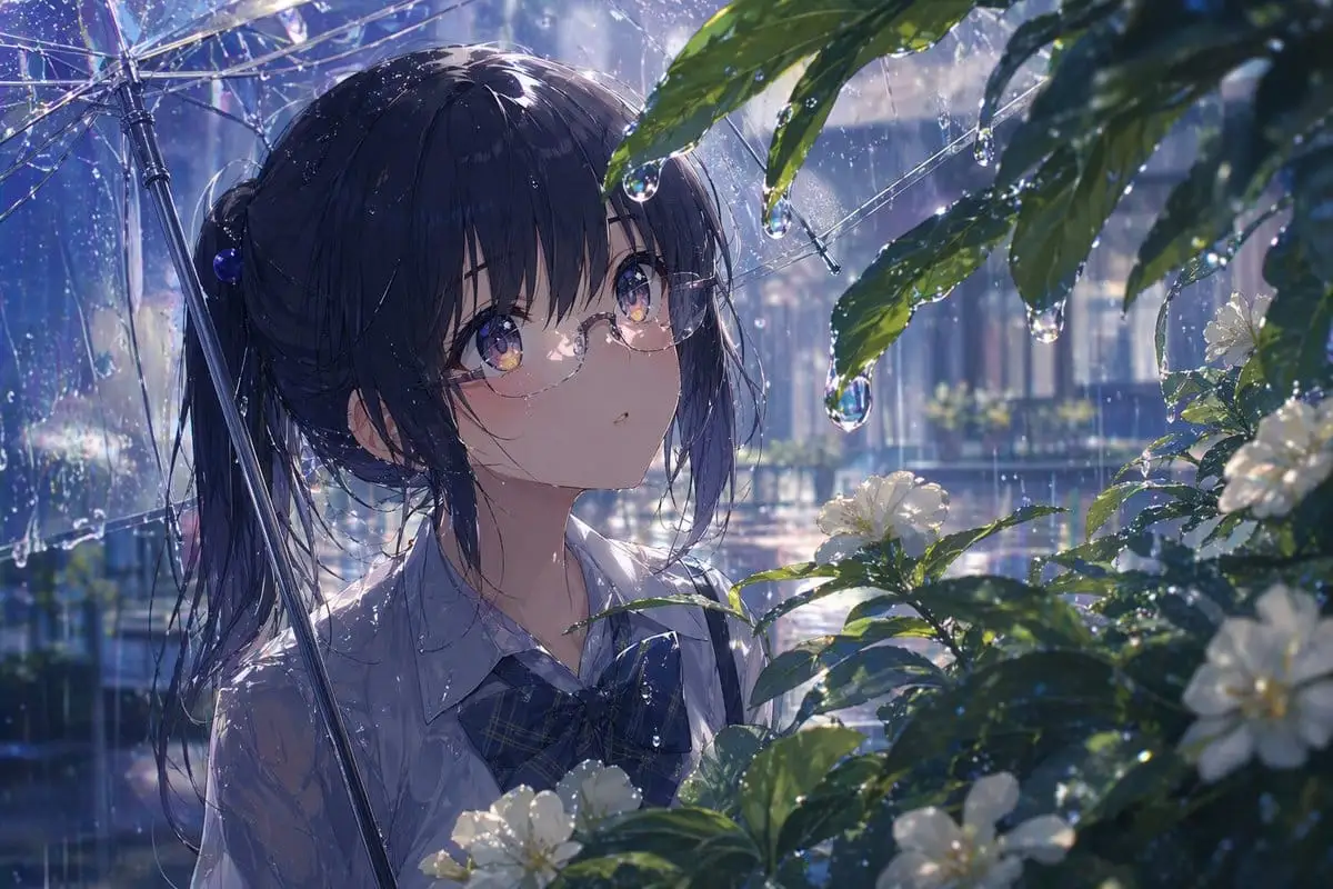 雨中撑伞动漫少女|超写实电影感人像提示词